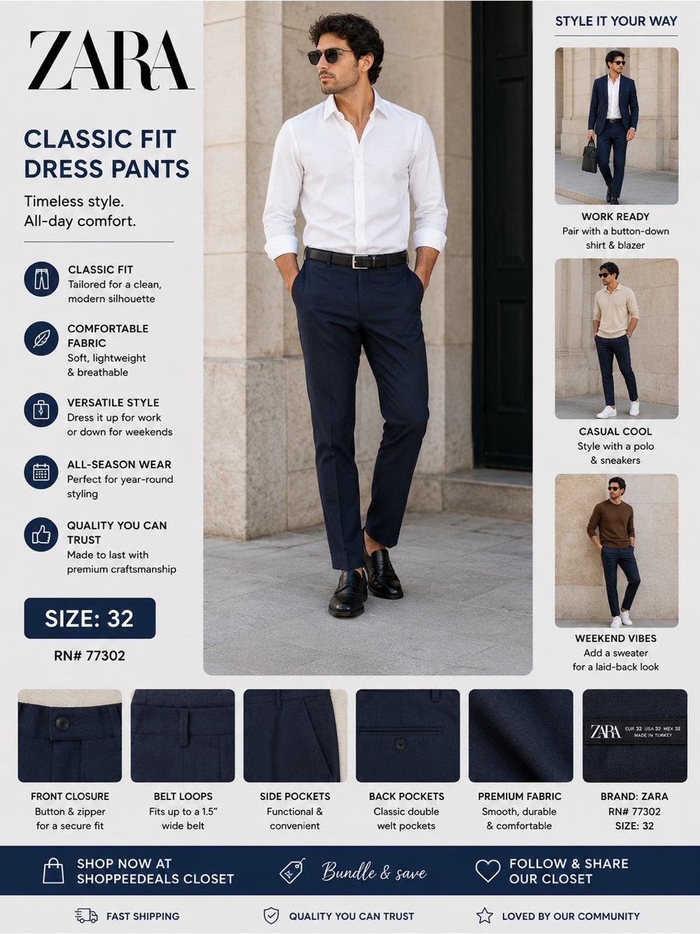 ZARA Textured Dress Pants – Men’s Navy Blue Tailored Trousers | Size US 32